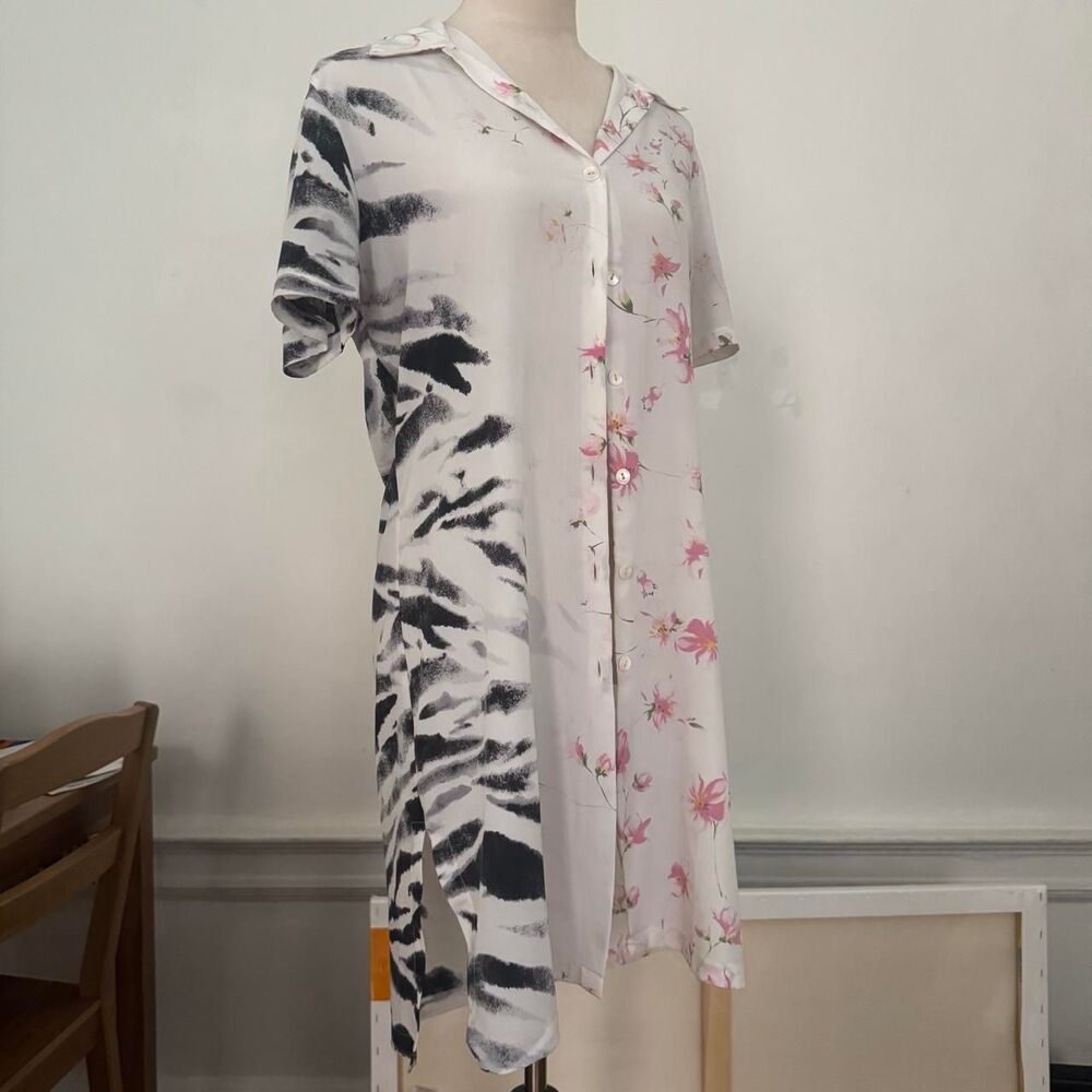 Vintage La Perla Anna Club Zebra & Floral Print Button-Up Midi Shirt Dress